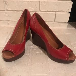 Nicole red leather wedge peep toe heel